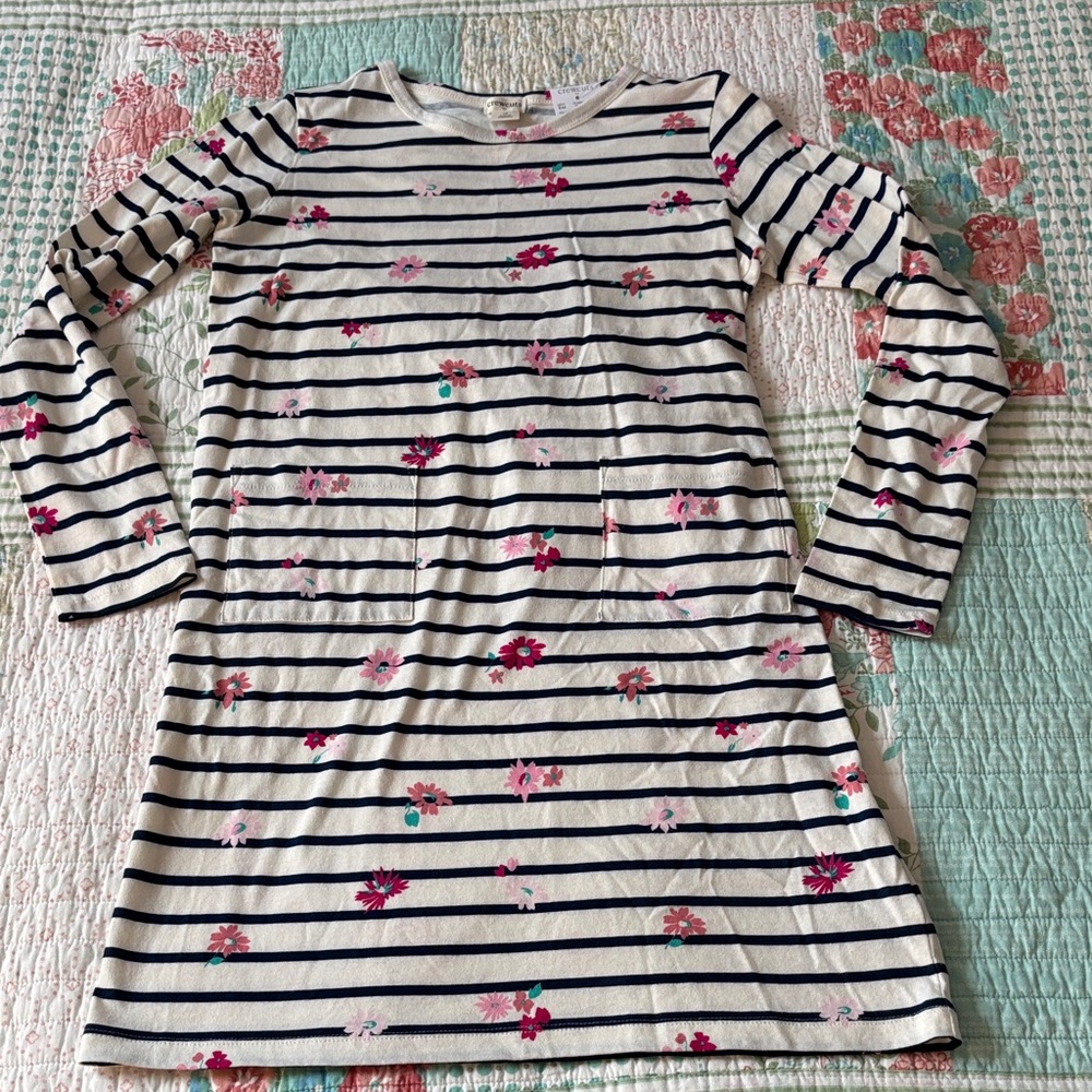 Crewcuts NWT  Navy Striped Dress with Pink Floral Design